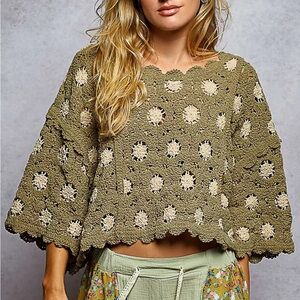 POL Olive Crochet Crop Top with Cream Accents